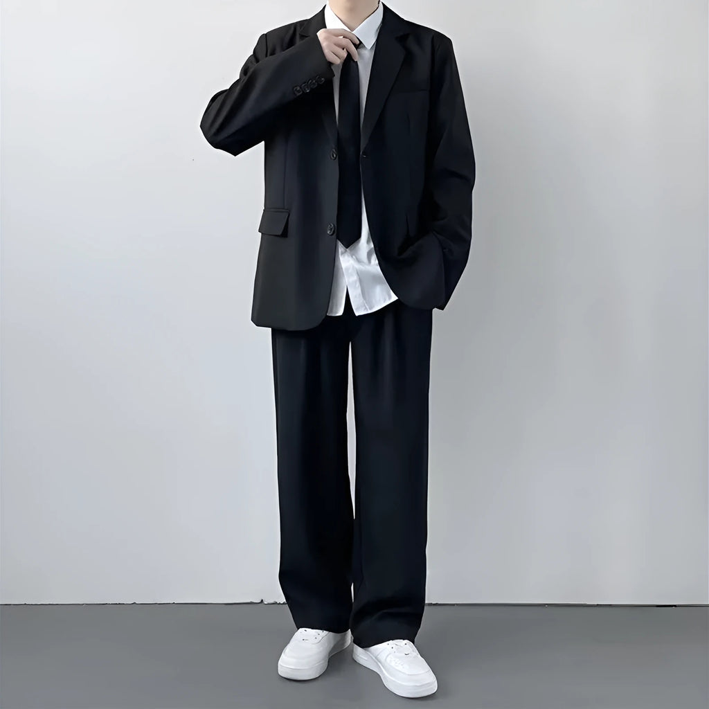 Men's plus size suit jacket with trousers shirt and tie ensemble in college style