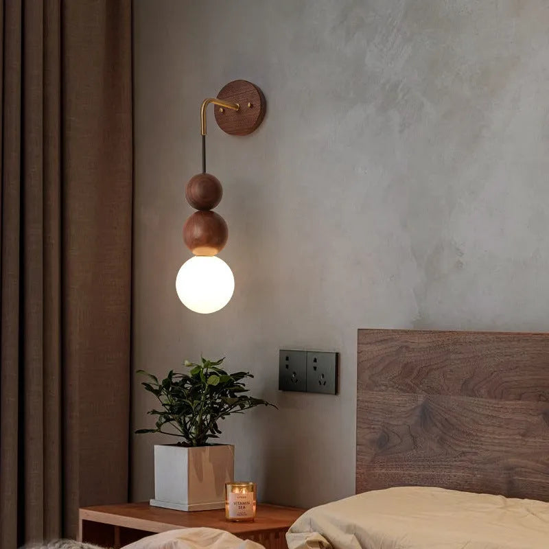 Wood copper wall lamp with walnut finish and tricolour LED lighting, 10cm diameter