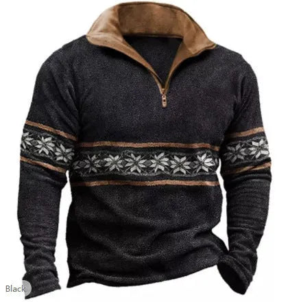 Men's loose fit long sleeve golf t-shirt with retro colour printing and zip decoration