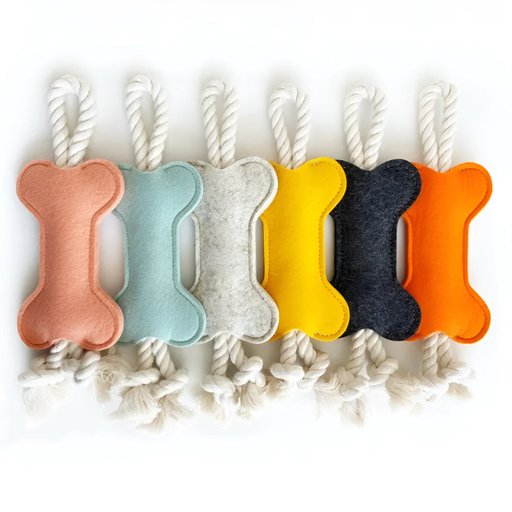 Blue bone-shaped dog toy made of felt with rope knots, shown on a white background.