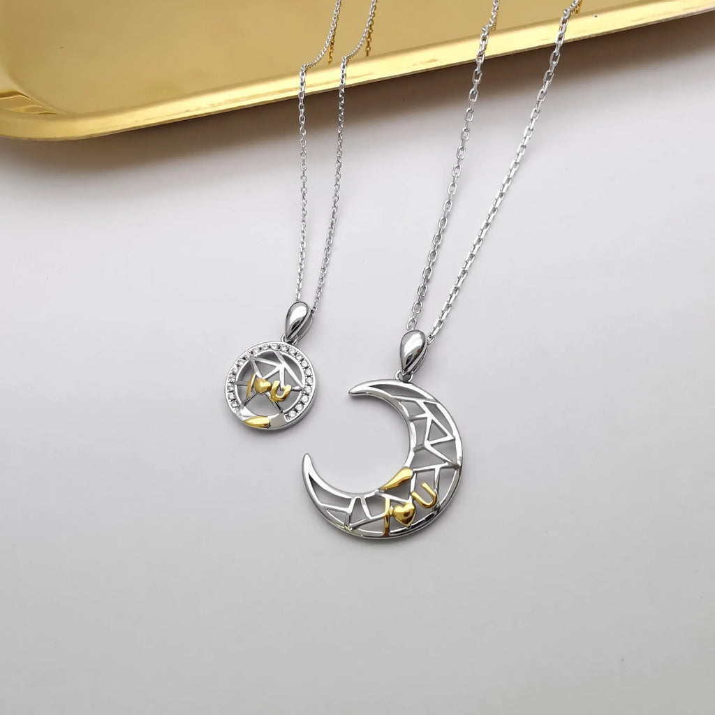 Sun moon couple necklace set with copper electroplated pendants on cross chains
