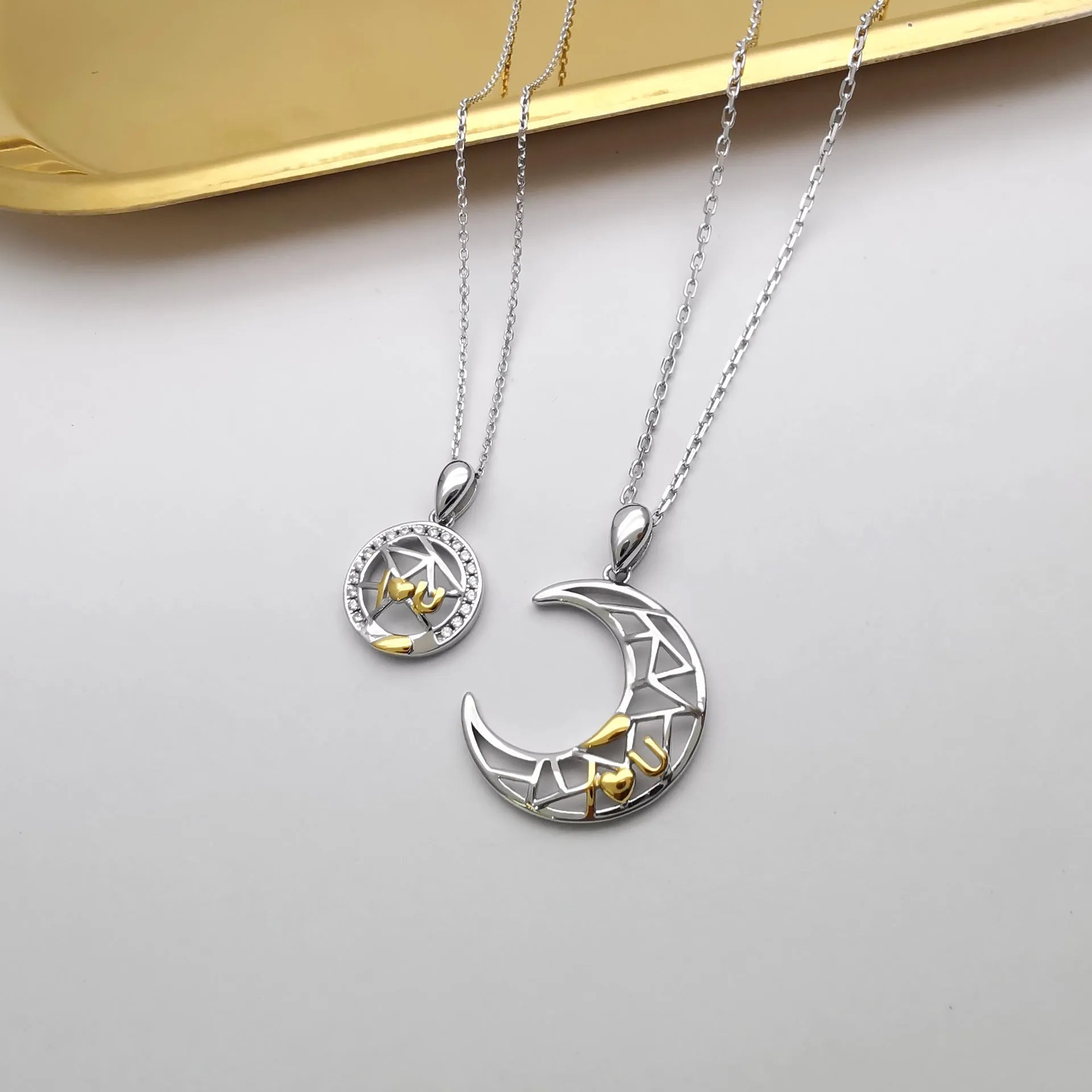 Sun moon couple necklace set with copper electroplated pendants on cross chains