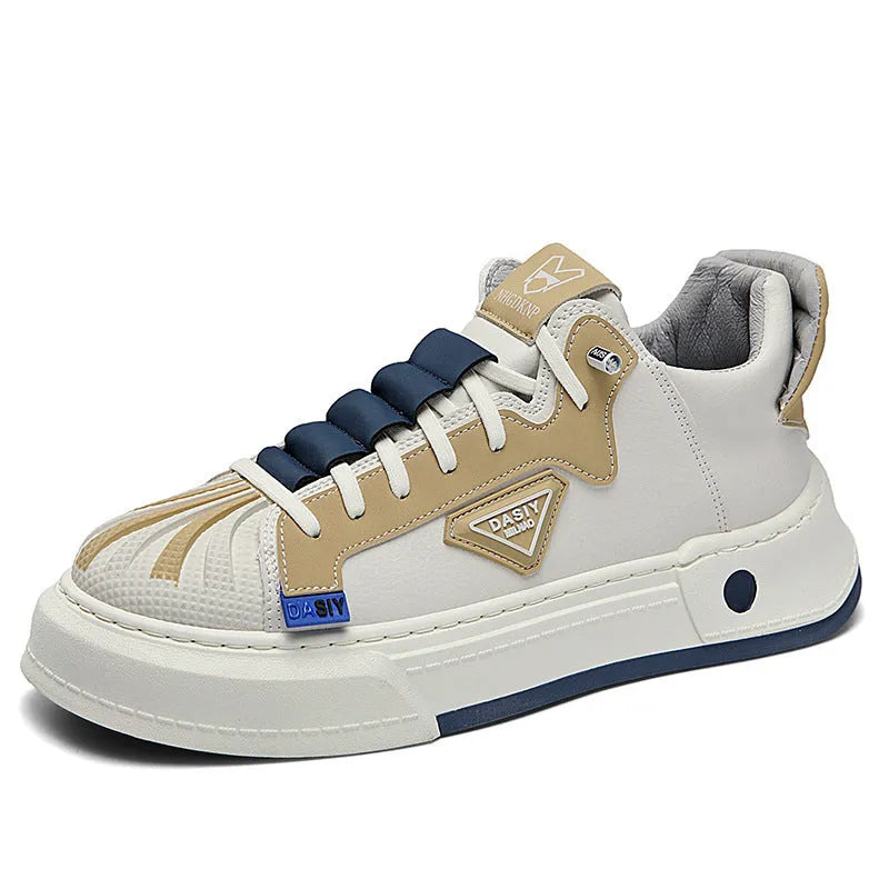 Men's beige low-top sneakers with elastic band closure and round toe on a white background.