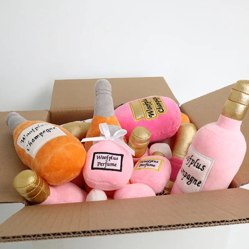 Plush wine bottle pet toy for dogs and cats with squeaker and crinkle sounds in six colour options