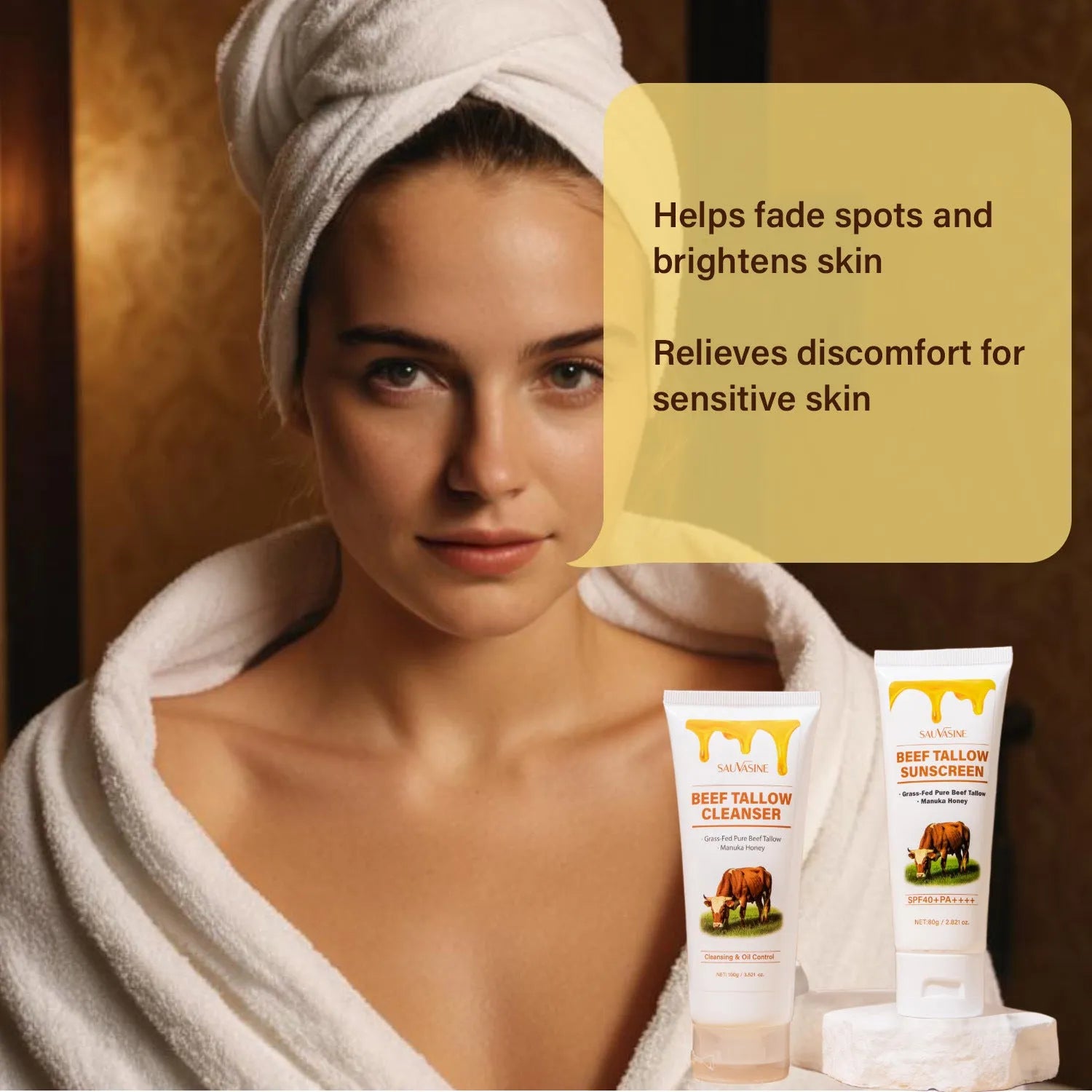 Butter Honey seven-piece skincare set with cleanser, cream, lotion, scrub, lip balm, protective cream and beef tallow