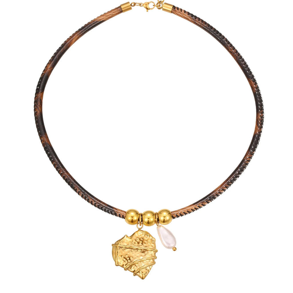 Geometric leopard stainless steel necklace with gold electroplated finish on adjustable 41-50cm chain