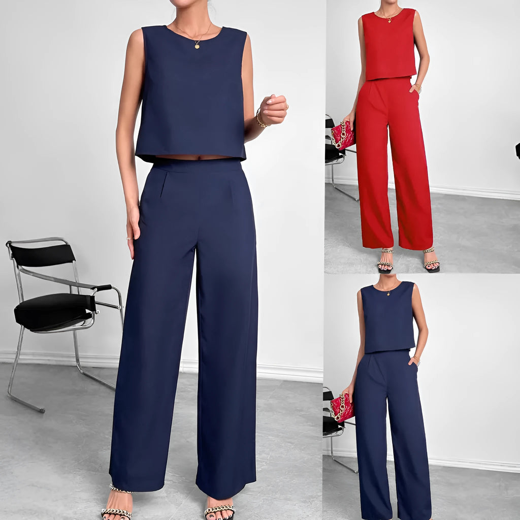 Red sleeveless round neck top with matching wide leg trousers two-piece set
