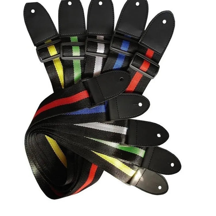 Woven crossbody guitar strap shown in one of five colours: Army Green, Dark Blue, Red, White, or Yellow.