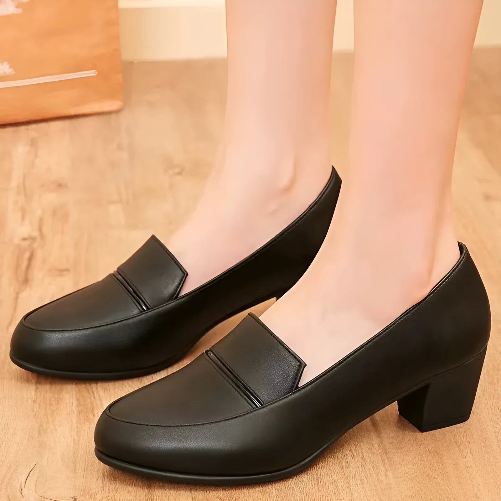 Women's soft leather chunky heel mom shoes in black, pointed toe slip-on style