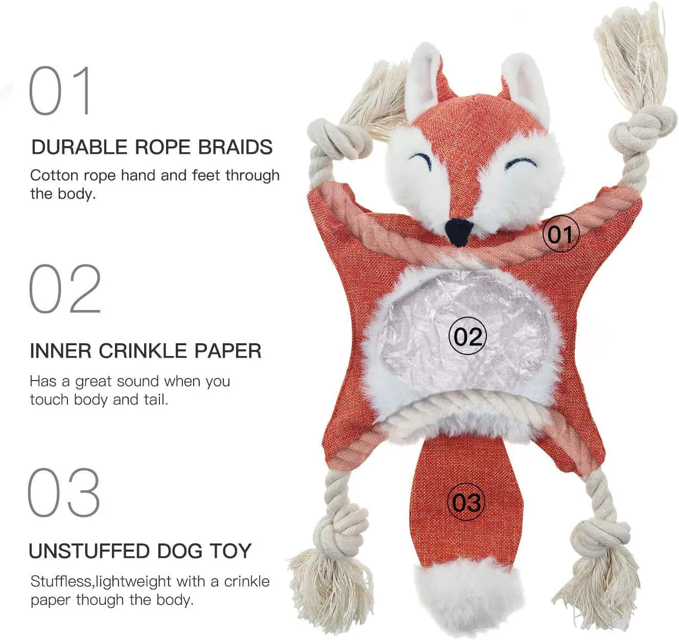 Brown fox dog toy with squeaker in head, crinkle body, and cotton rope arms and legs