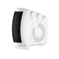 White compact ceramic electric heater on desktop with adjustable power settings and quiet operation