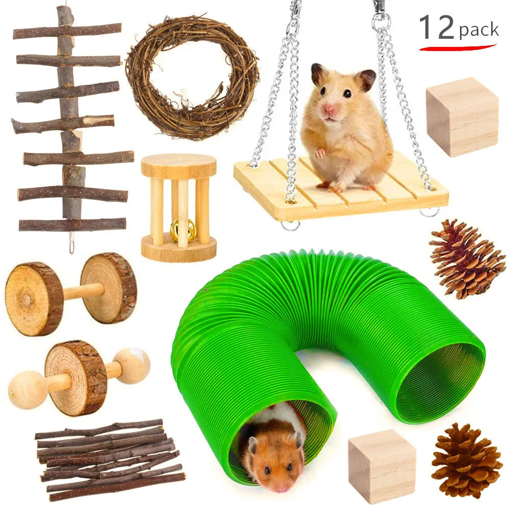 Wooden pet chewing toy set for rabbits guinea pigs parrots with various natural material components