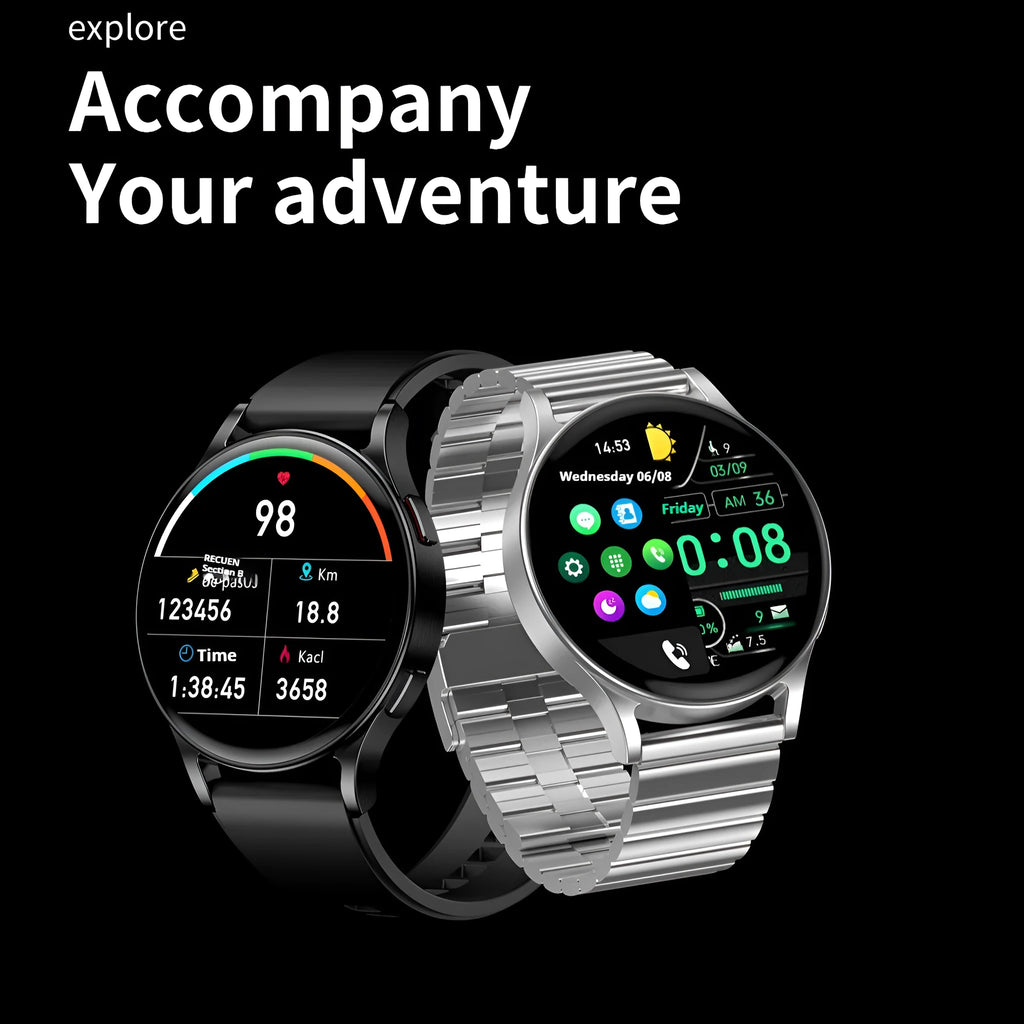 SmartWatch with white background dial and multiple strap colour options steel belt black and silver