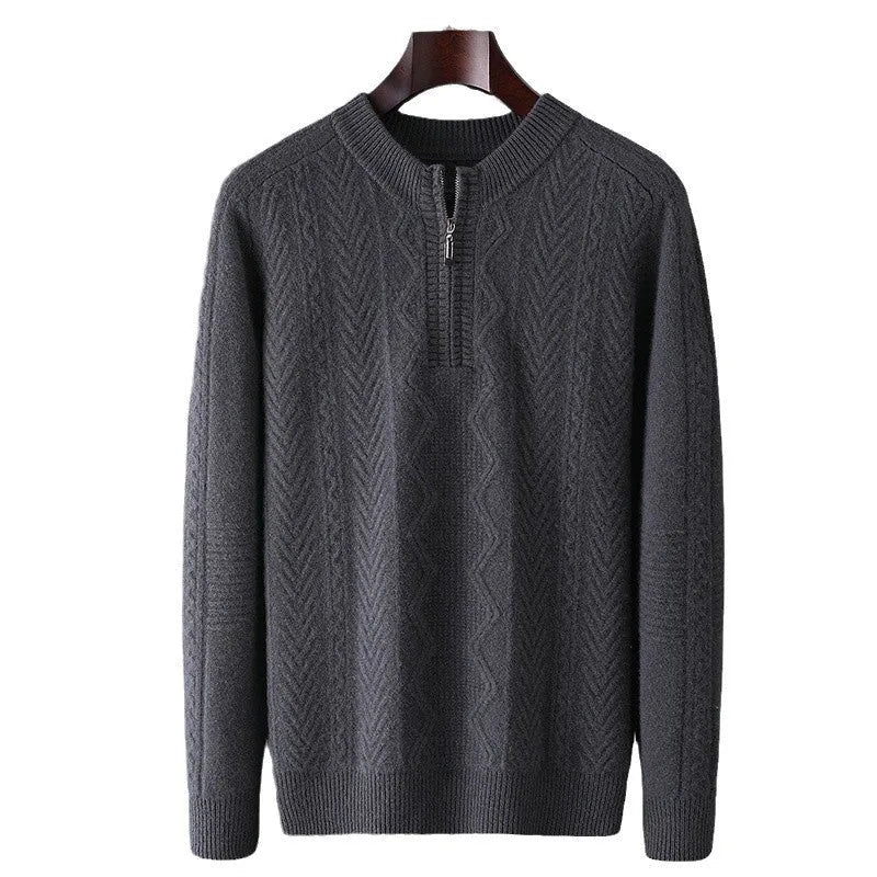 Men's grey diamond pattern wool half zip sweater with loose fit