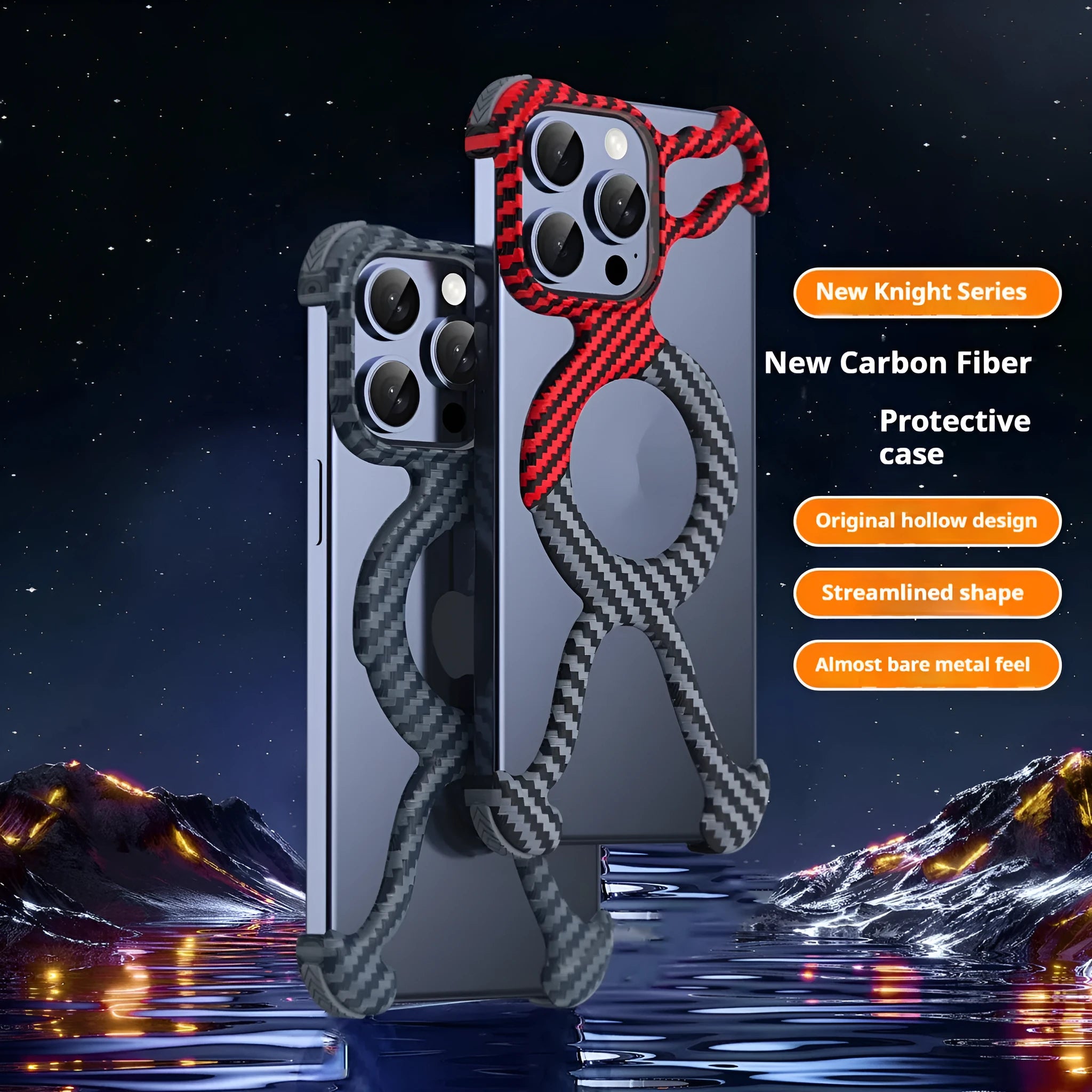 Carbon fibre grain magnetic phone case for iPhone with frameless hollow back and electroplated finish