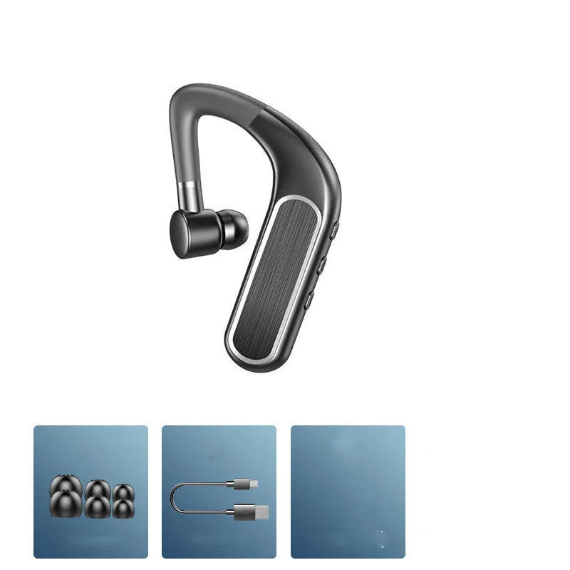 Black Bluetooth earphones with hanging ear design shown with three pairs of ear caps and charging cable