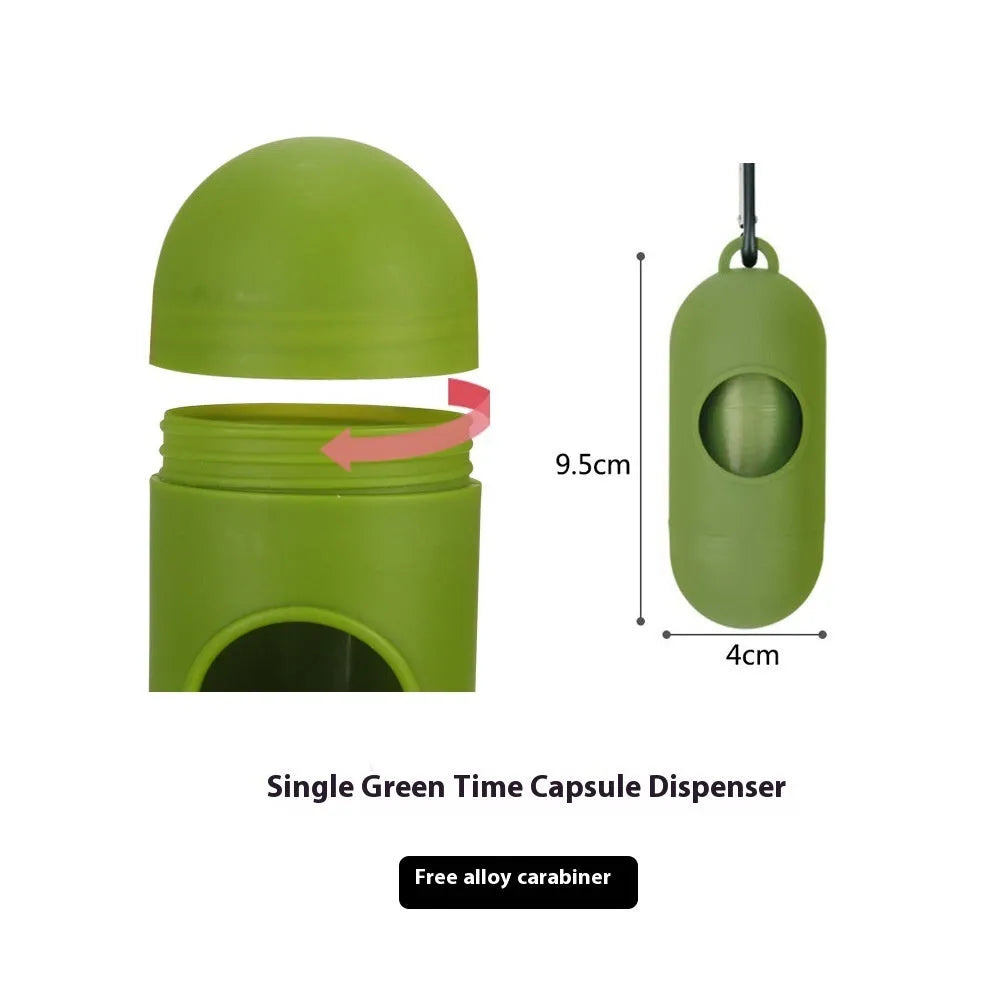 EPI degradable thickened pet waste bags on a roll, showing green colour variant next to a dispenser.