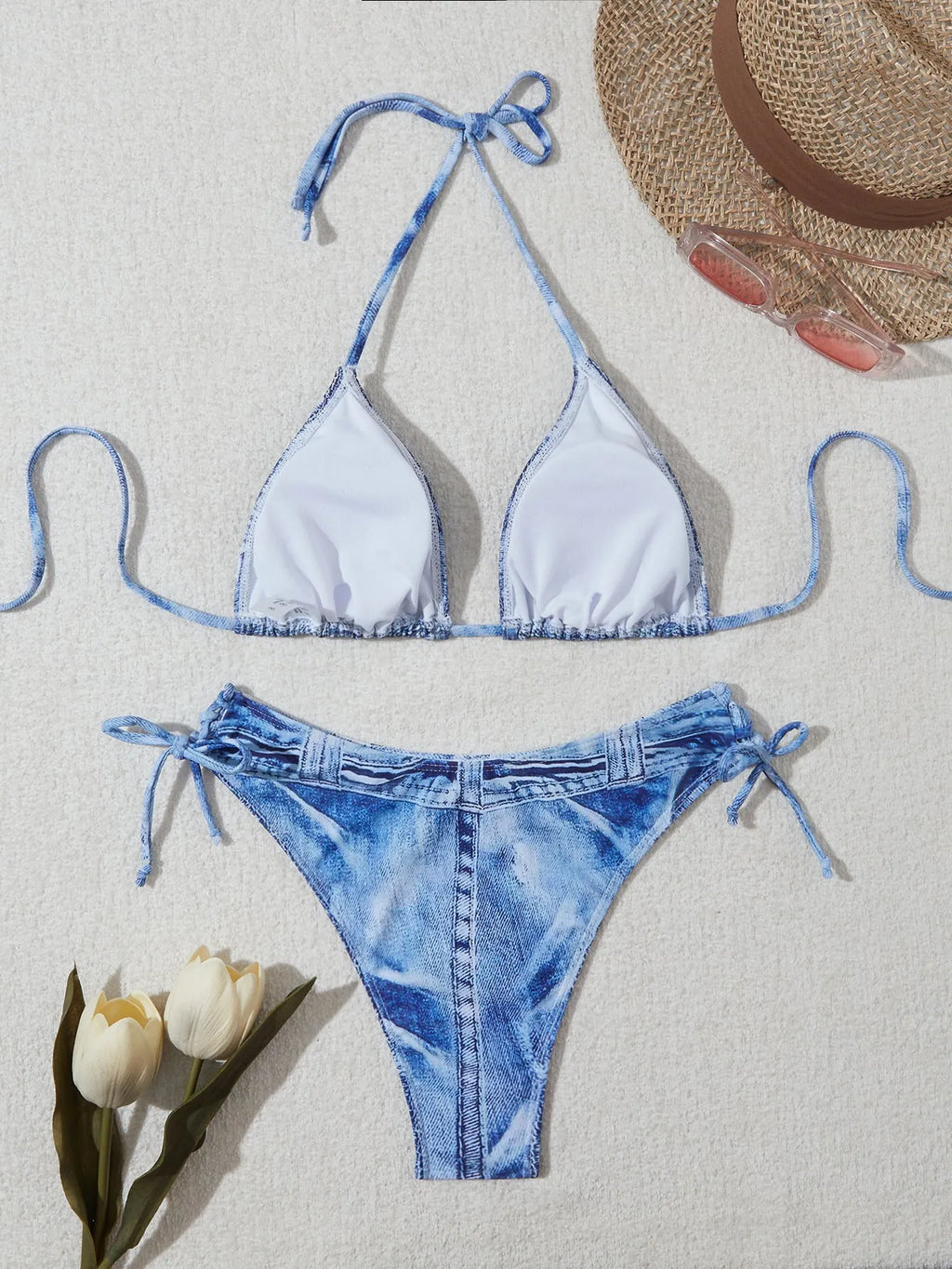 Women's denim blue printed bikini set with adjustable straps shown front and back