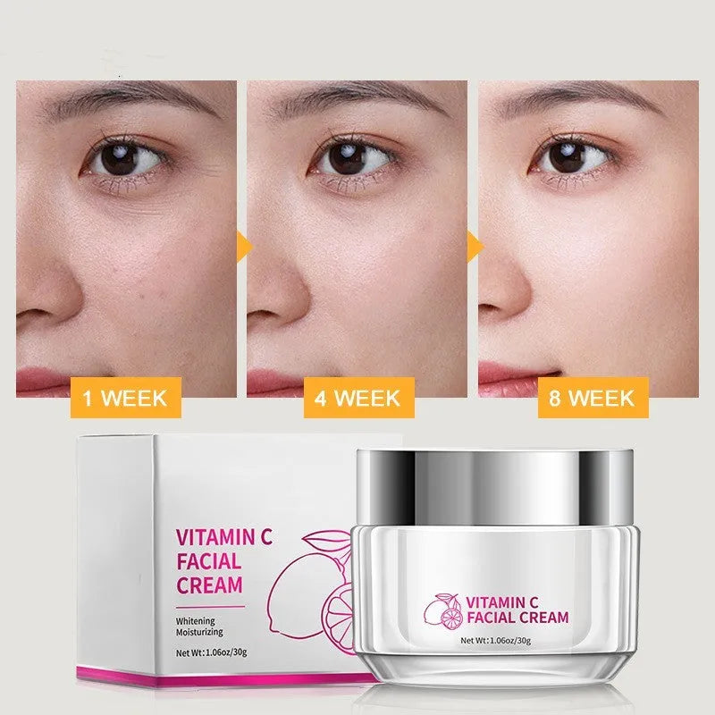 Vitamin C face cream jar 30g with universal skin type label showing 6cm dimensions