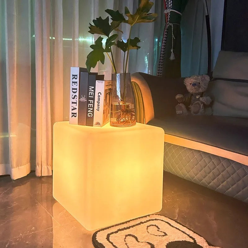 Modern LED cube light stool with waterproof IP65 rating for outdoor garden or patio use