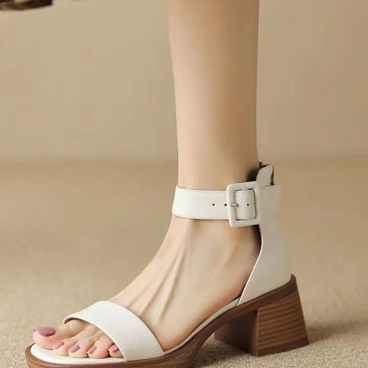 Women's retro ankle-strap platform high heels in white or khaki colour