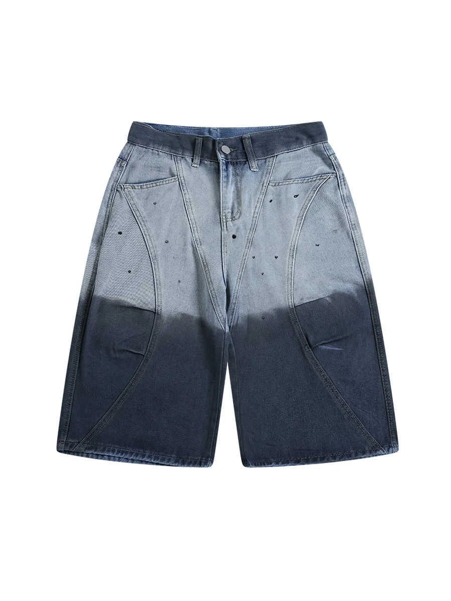Men's blue tie-dye gradient cropped jeans with loose casual fit and washed-out finish