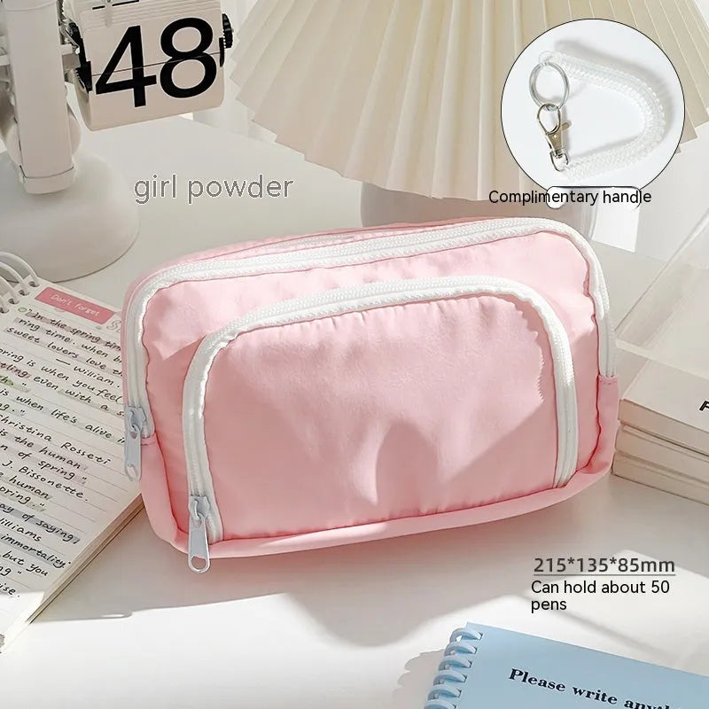 Double layer pencil case in blue with gift handle showing 215mm length 135mm width 85mm depth dimensions