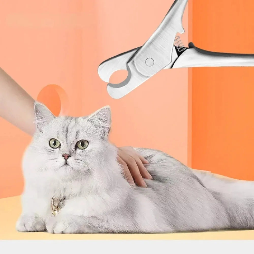 Silver stainless steel pet nail clipper with ergonomic handles and safety guard for dogs and cats