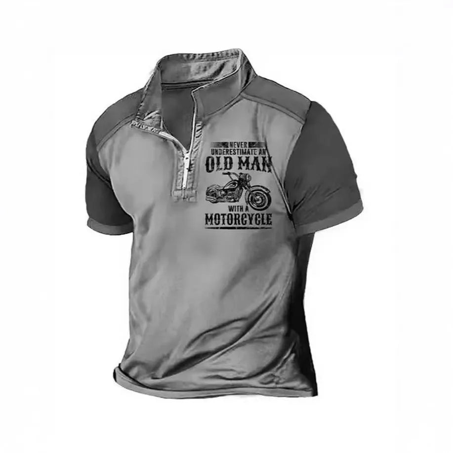 Men's casual polo shirt with digital letter printing and lapel, short sleeves, available in multiple colours and sizes.