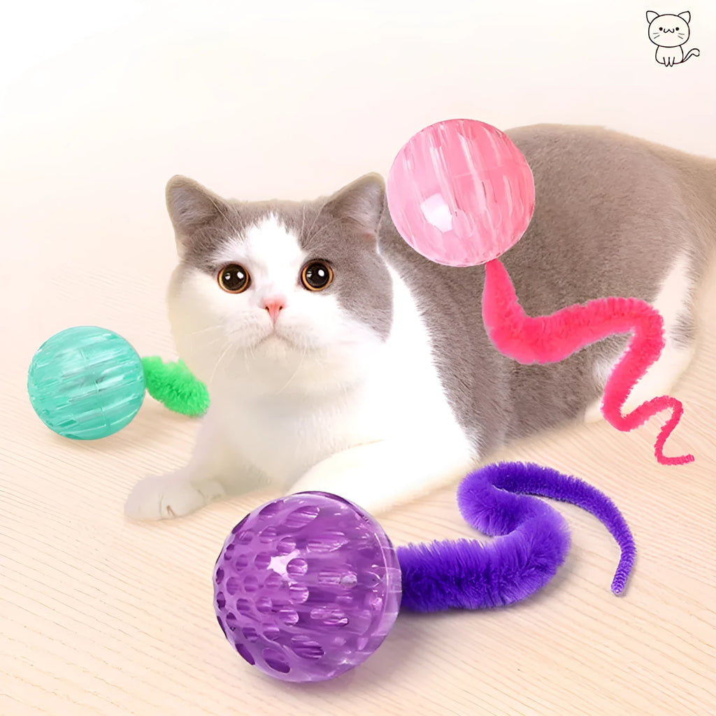 Interactive cat ball toy with flexible plush tail attached to bouncy TPR ball