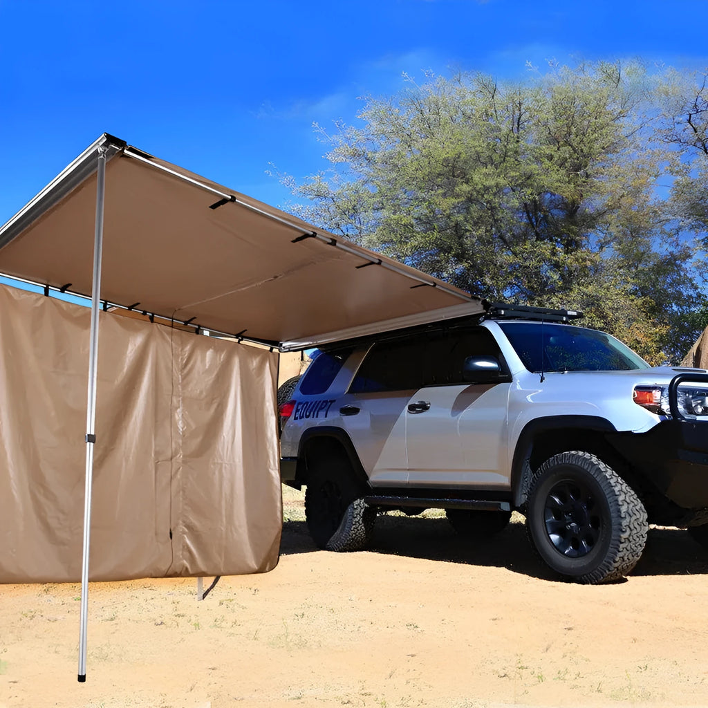 Black glue rainproof car sunshade tent with aluminium alloy poles showing two-room structure and side cloth option