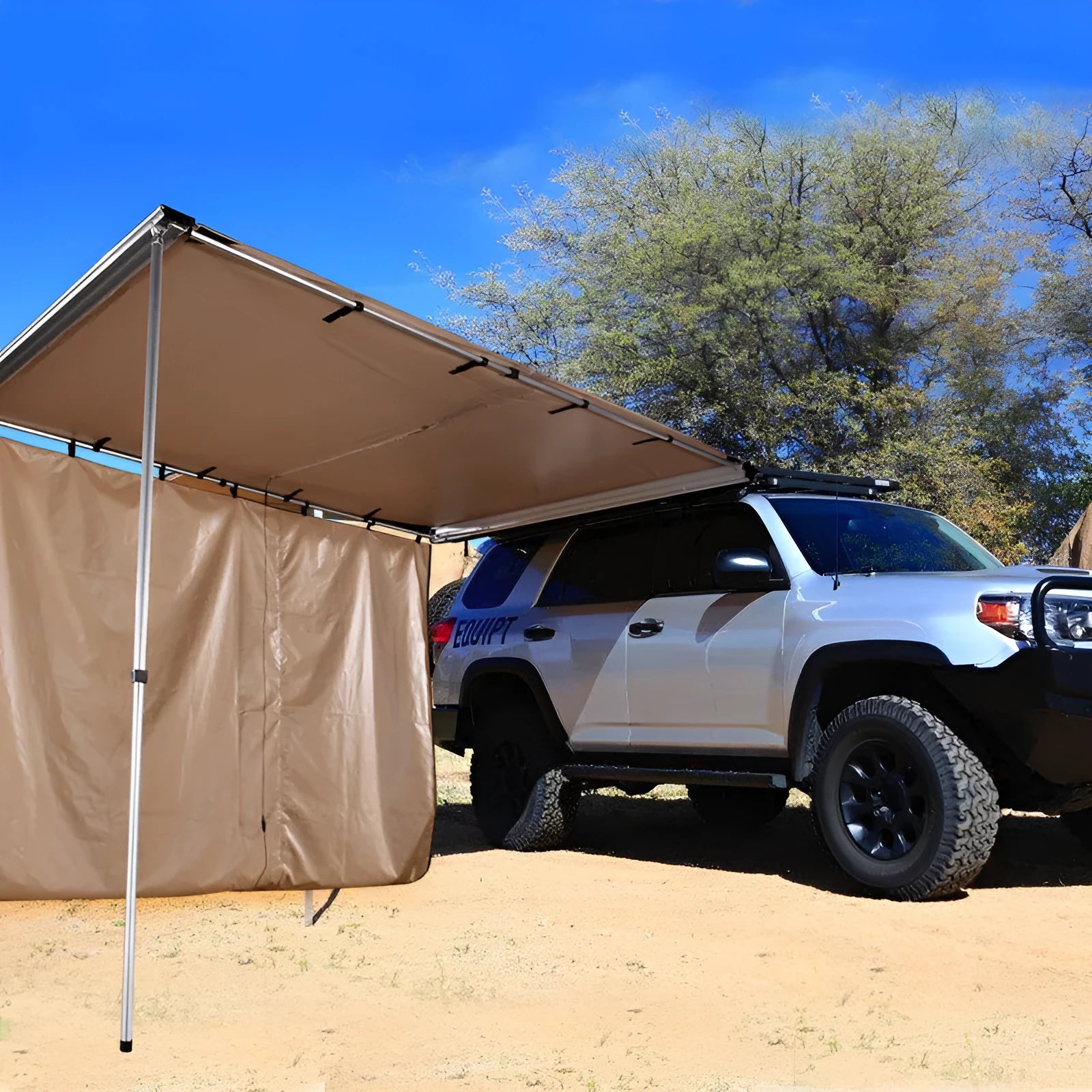 Black glue rainproof car sunshade tent with aluminium alloy poles showing two-room structure and side cloth option