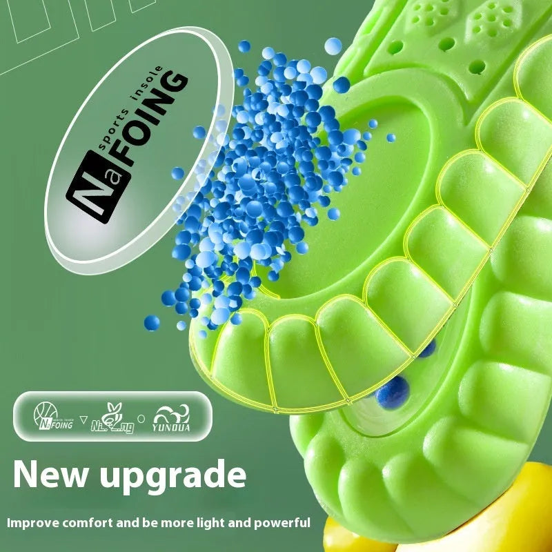 Green PU sports insoles with air cushion and argwormwood, shown with size scale.