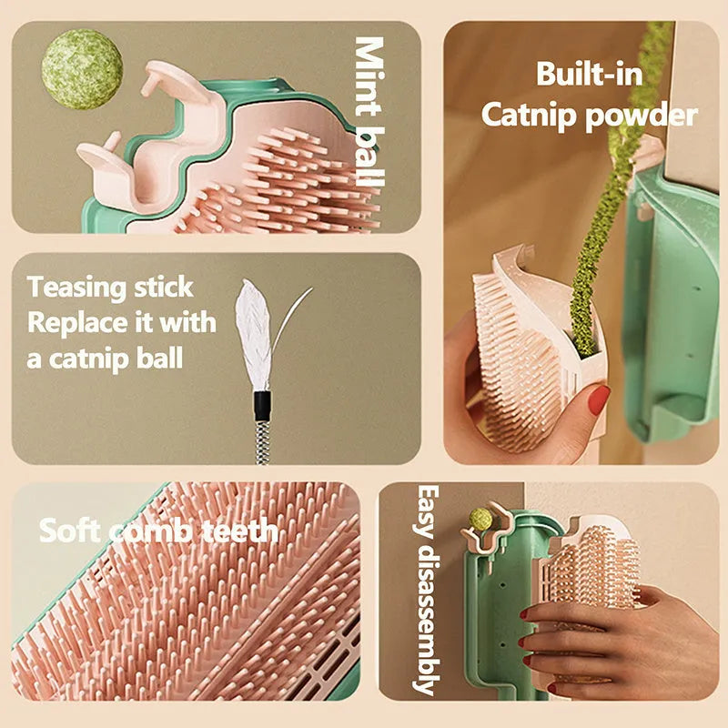 Cat self-grooming toy with textured rubbing corner, mint ball, and feather attachments on a blue background