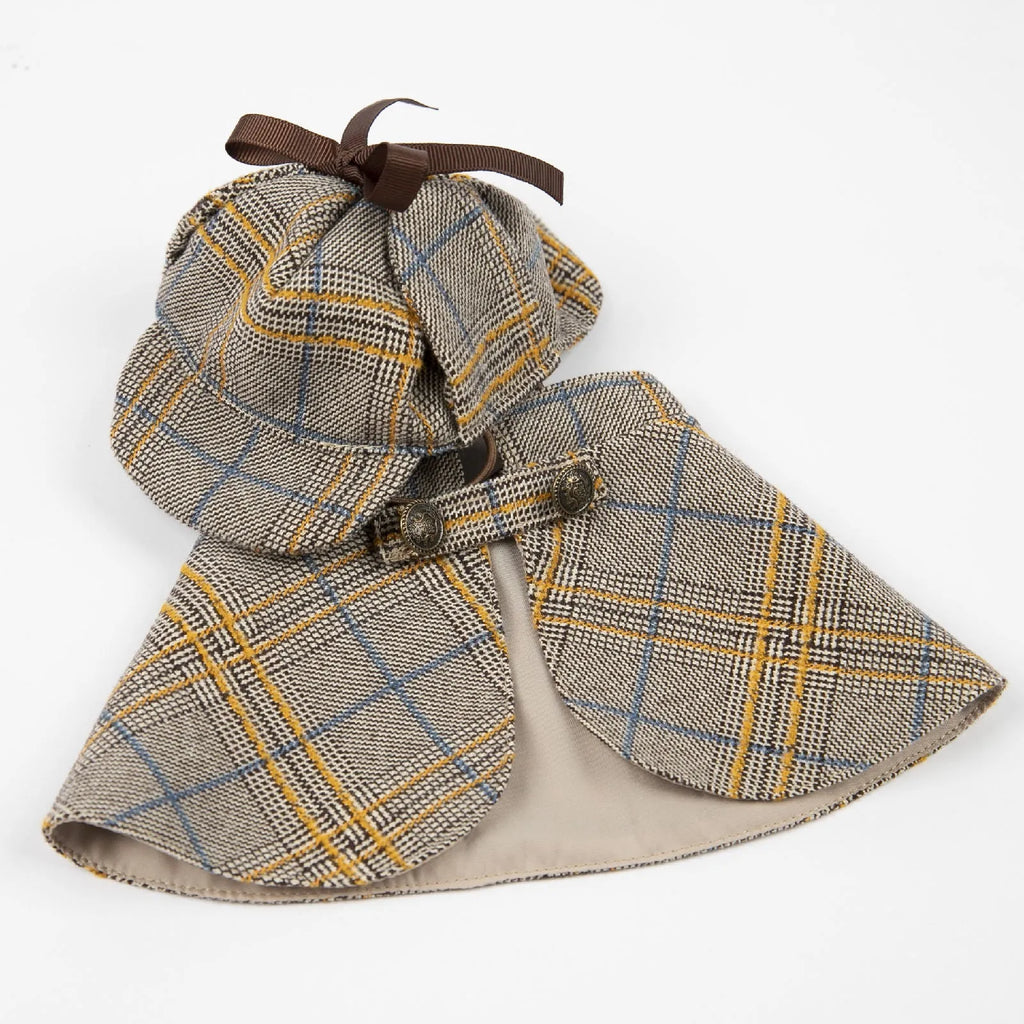 Camel coloured cotton pet cloak with adjustable hat shown in multiple sizes