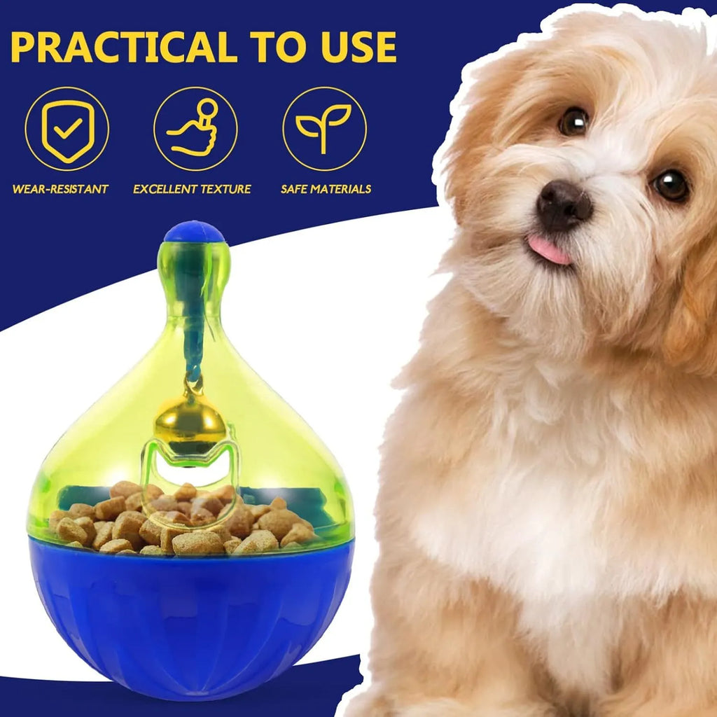 Light grey interactive pet treat dispenser ball with tumbler shape on a wooden floor.
