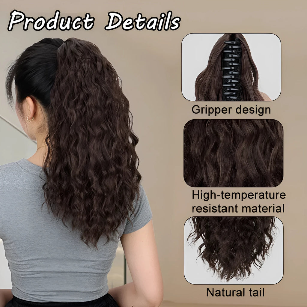 Water ripple grip ponytail corn curler synthetic wig with a clip, shown in a curly style.