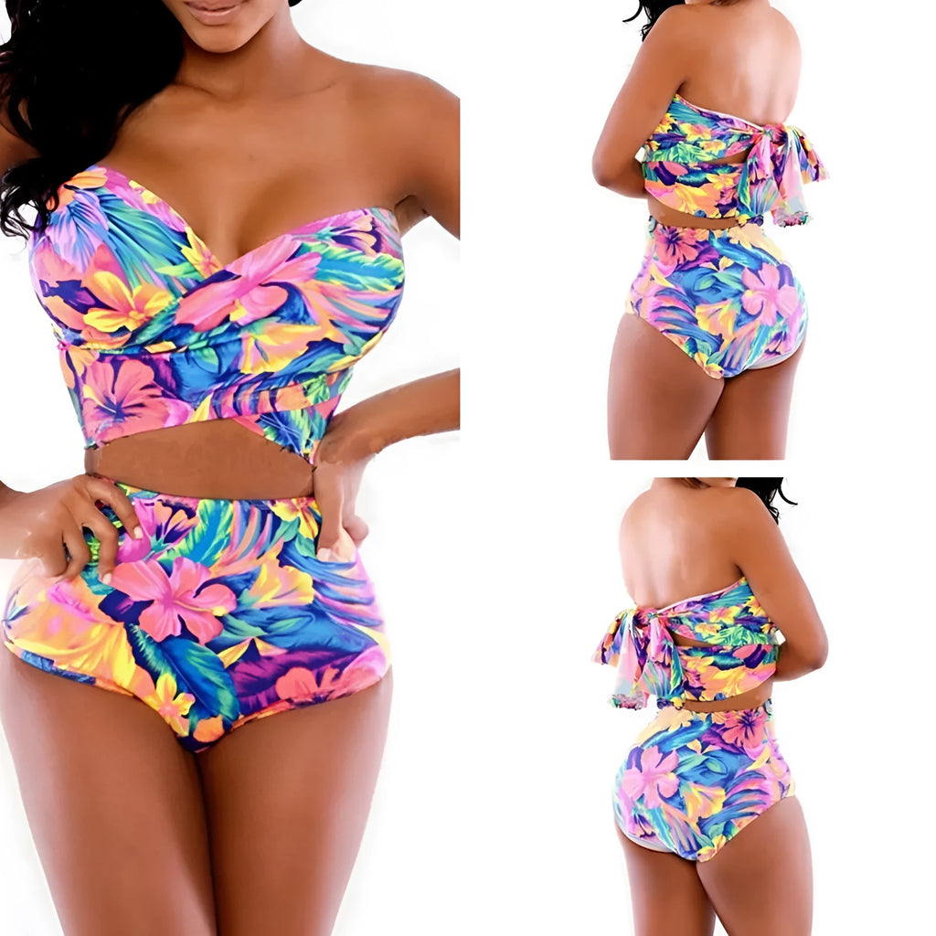 Red printed two-piece swimsuit with chest wrap top and pants, polyester and spandex