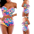 Red printed two-piece swimsuit with chest wrap top and pants, polyester and spandex