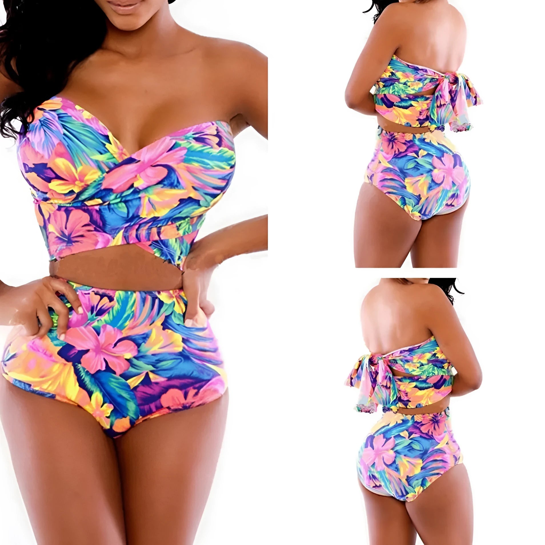 Red printed two-piece swimsuit with chest wrap top and pants, polyester and spandex