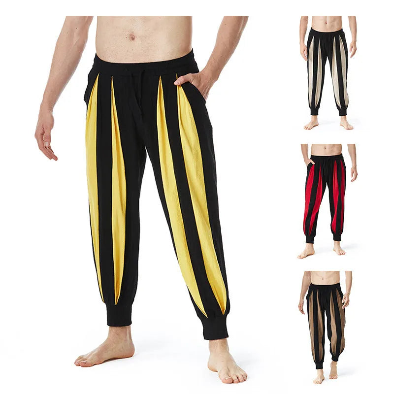 Men's straight-leg casual trousers in red, khaki, yellow, and brown colours on a size chart background.