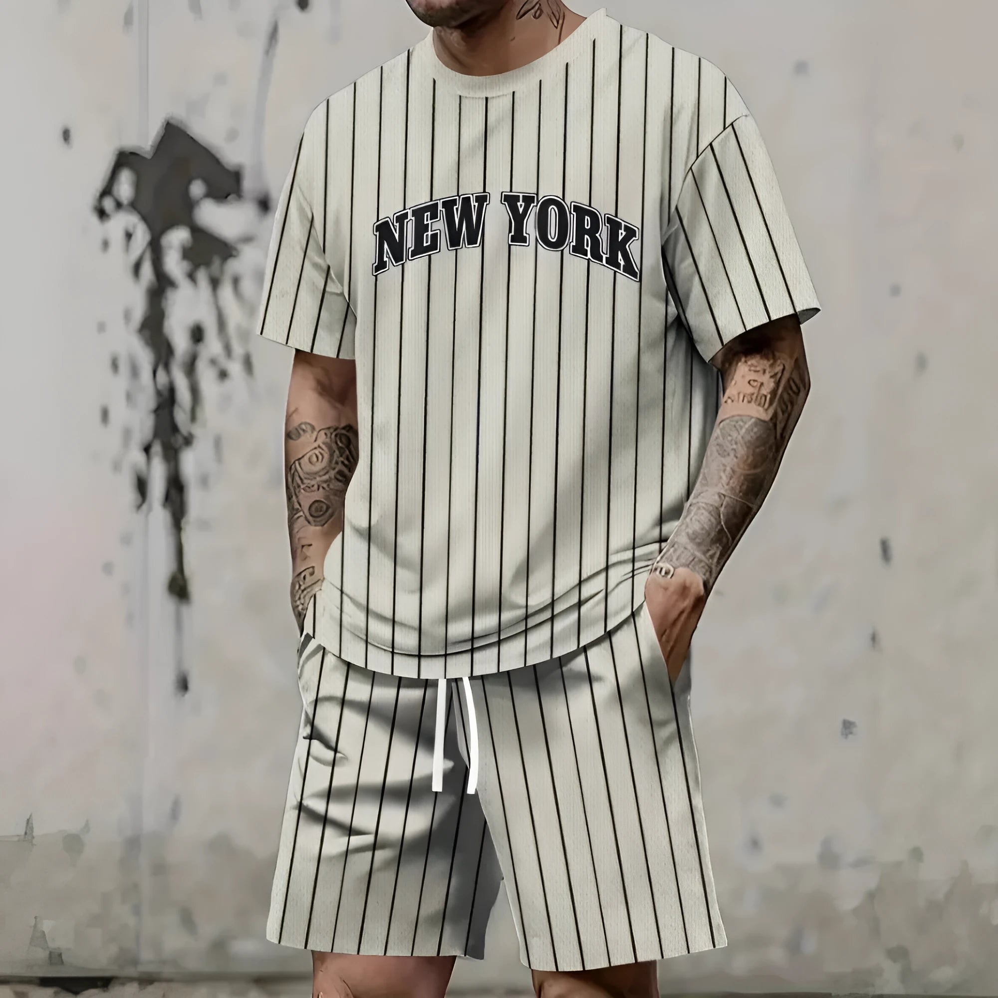Man wearing a grey 3D printed letter short sleeve top and matching shorts suit set.