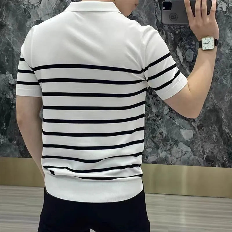 Black and white striped knit t-shirt with lapel collar design showing pullover style