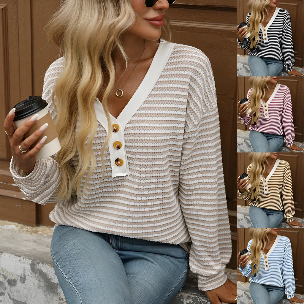 Women's V-neck patchwork pullover top in polyester fabric available in five colours