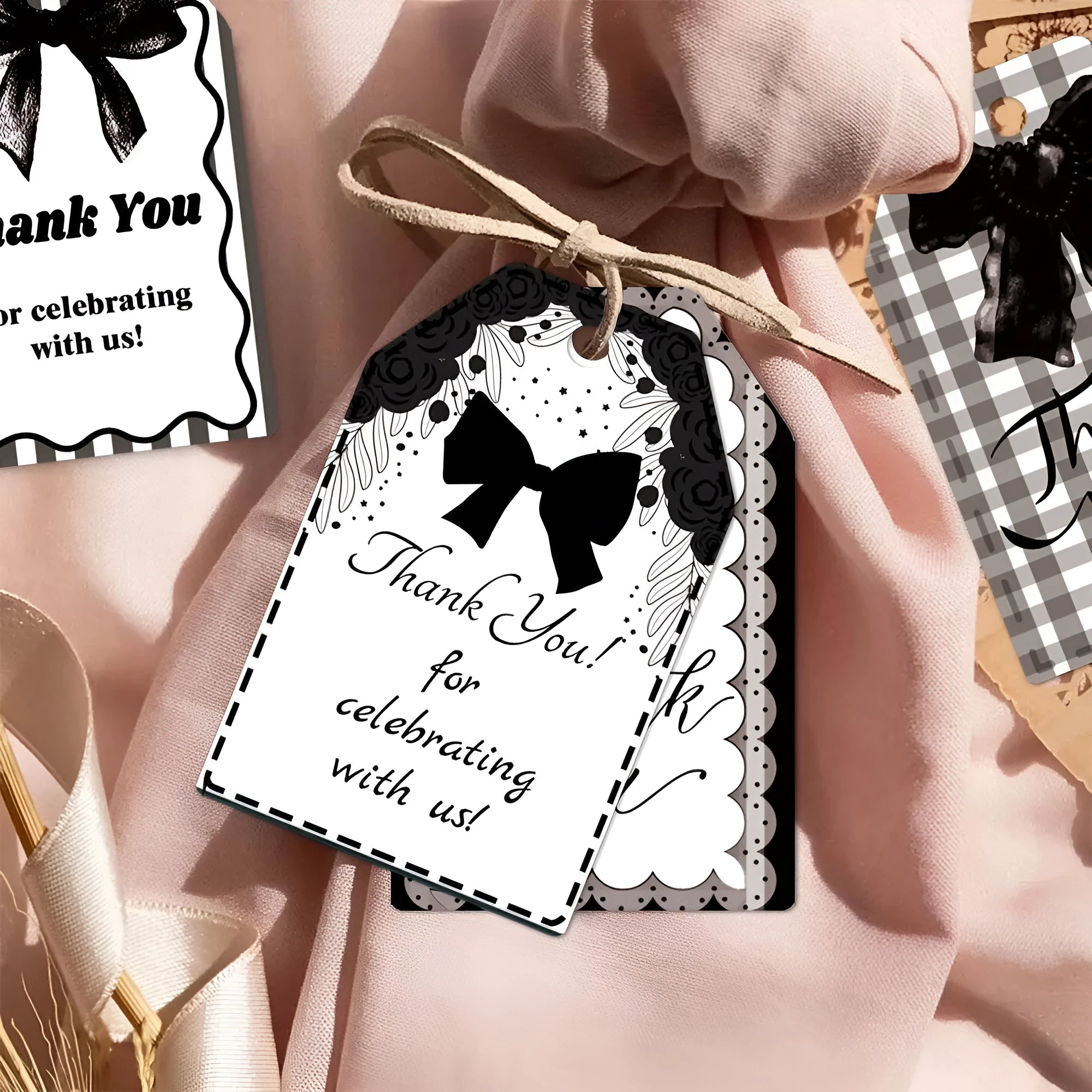 Birthday gift tags with bowknot designs in three styles including hemp rope