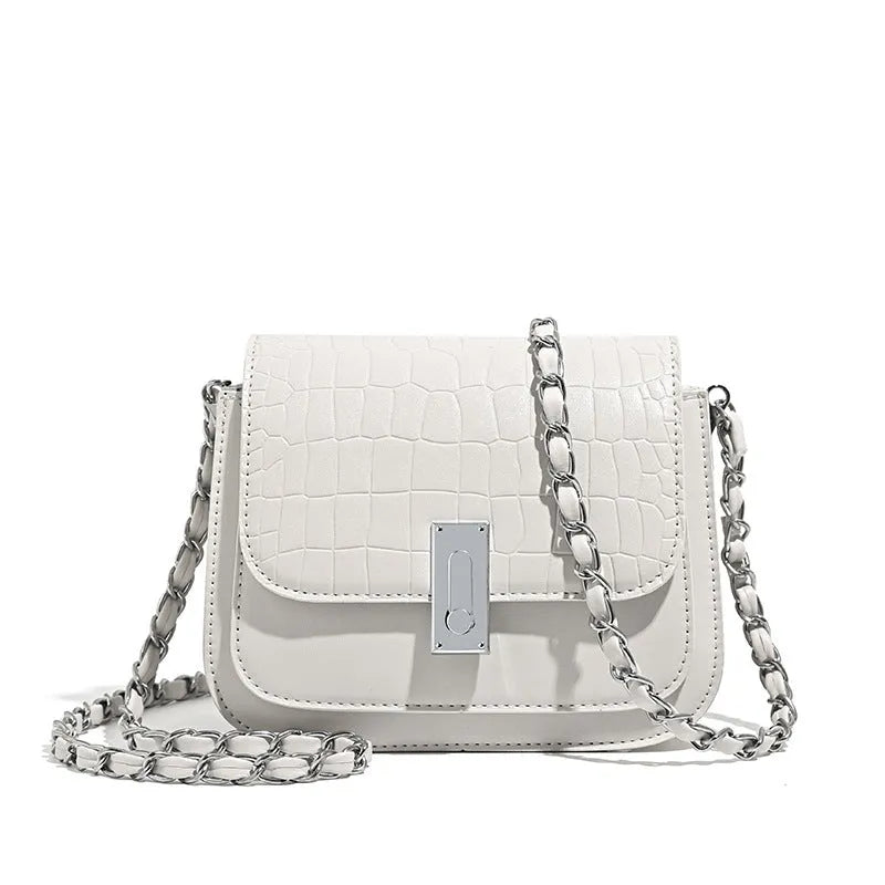 Women's soft PU chain shoulder bag in black with interior phone pocket and crossbody strap