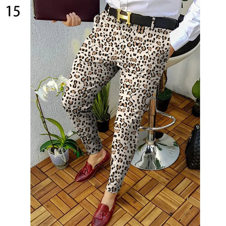 Men's slim-fit casual trousers with 3D printed plaid pattern in a straight leg style.