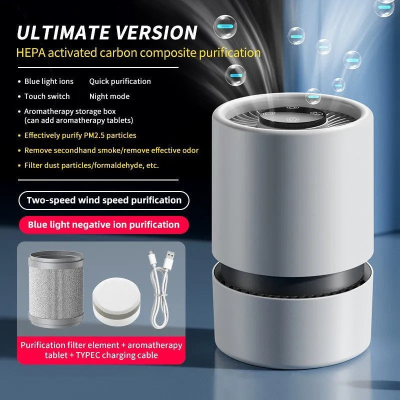 White simple-style desktop USB air purifier model EJ-JHQ101 with Type-C cable.