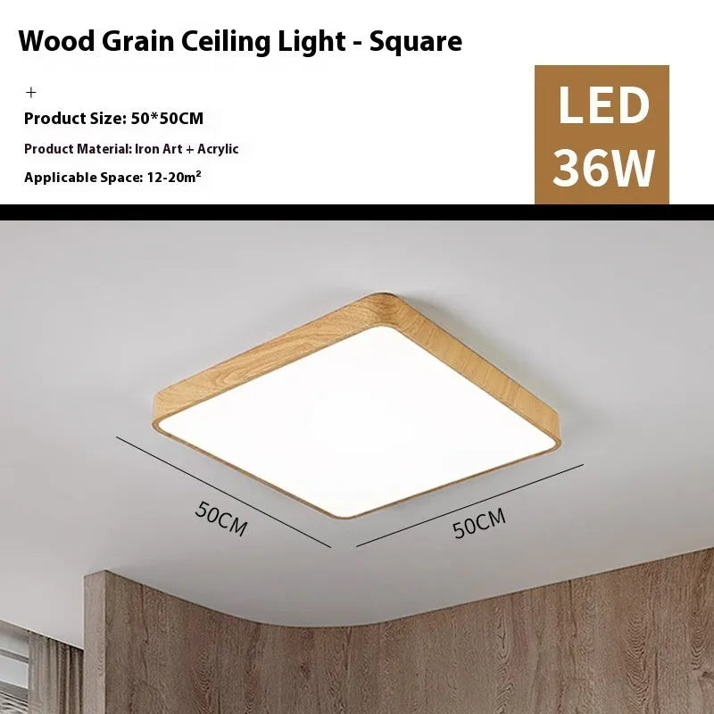 Nordic style square LED ceiling light with wood grain finish and iron frame in three size options