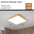 Nordic style square LED ceiling light with wood grain finish and iron frame in three size options